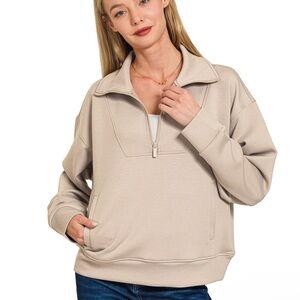 ZENANA SCUBA HALF ZIP PULLOVER ASH MOCHA